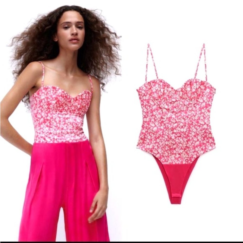 NWT Zara Pink & White Floral Corset Bodysuit